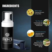 Ingredients graphic for men’s intimate wash with bottle and aloe, tea tree icons