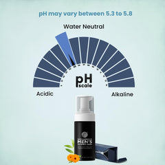 Skin Elements men's intimate wash foam bottle and box pictured with pH scale indicating 5.3 to 5.8