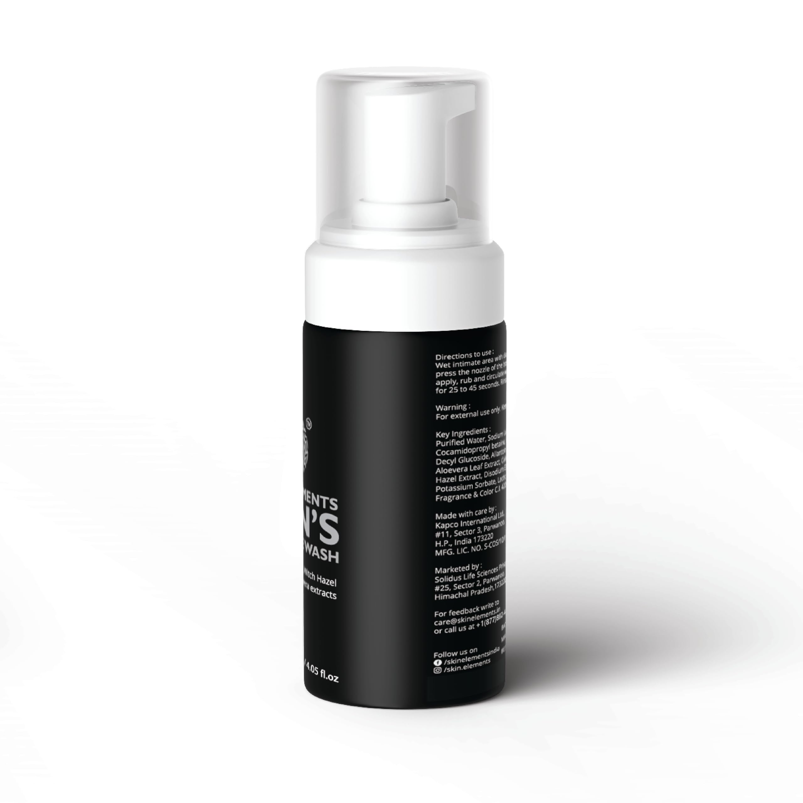 Black foam pump bottle men's intimate wash with white cap for gentle daily cleansing and freshness