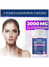 Skin whitening glutathione bottle with 2000mg label, beside model faces