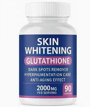 Glutathione skin whitening capsules bottle, white ribbed cap, blue label, 90 capsules