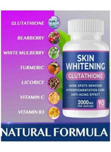 Skin whitening glutathione bottle with dark spot care label and ingredient icons