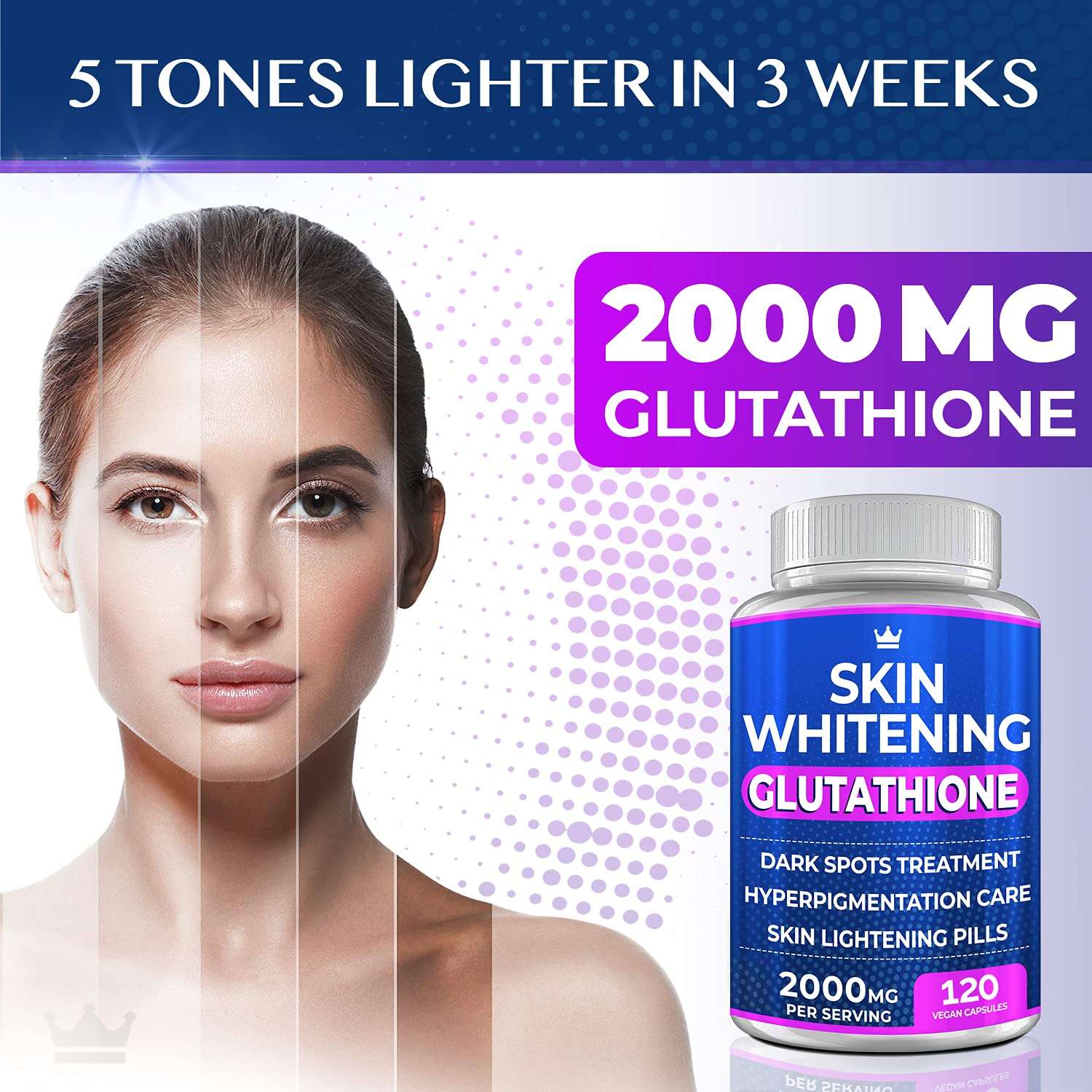 NORTHERN CROWN COSMETICS skin whitening glutathione bottle and before after face comparison glutathione whitening pills UAE