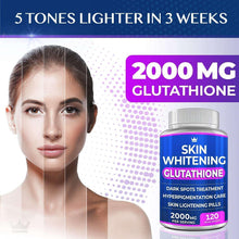 Glutathione whitening pill bottle with silver cap and blue label, 2000 mg