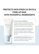 Centella hyalu-cica water fit sun serum SPF 50+ tube beside ingredient panel