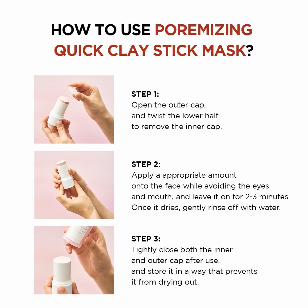 Step-by-step instructions showing how to use the pore minimizing face mask stick from opening to application and storage