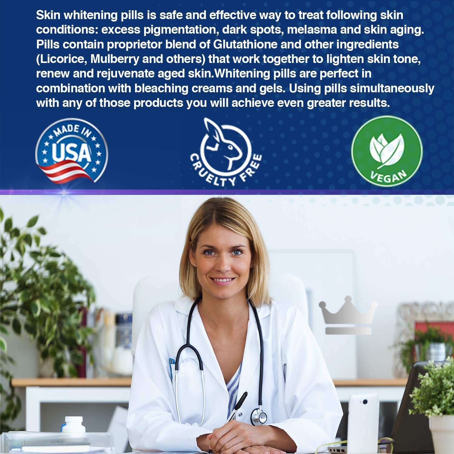 Female doctor at desk promoting glutathione whitening pills UAE with Made in USA cruelty free vegan icons