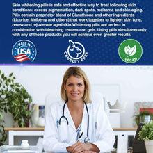 Glutathione whitening pill bottle on counter with doctor in medical attire