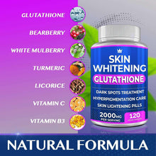 Glutathione whitening pill bottle with blue label and silver cap, natural formula
