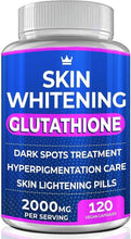 Glutathione whitening pills bottle with blue label and silver ribbed cap, 2000 mg