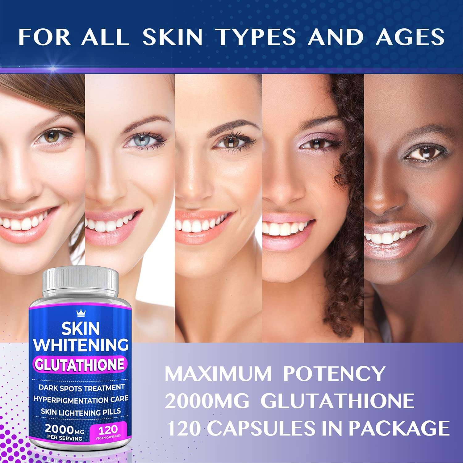 Northern Crown Cosmetics Skin Whitening Glutathione 2000mg bottle and diverse faces promoting glutathione whitening pills UAE