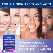 Glutathione whitening pill bottle with blue label and silver cap, 120 capsules