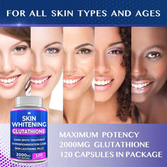Northern Crown Cosmetics Skin Whitening Glutathione 2000mg bottle and diverse faces promoting glutathione whitening pills UAE
