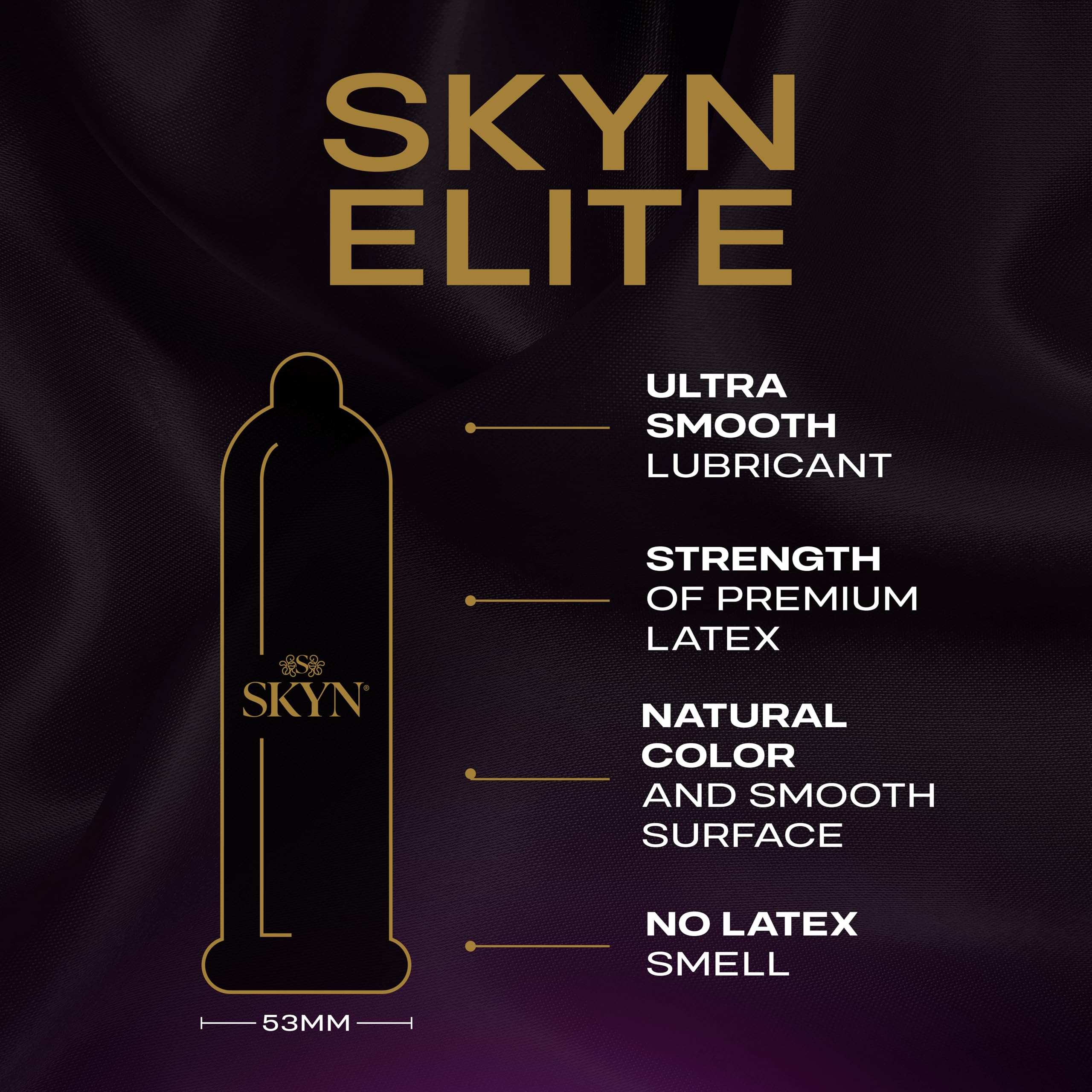 SKYN Elite ultra-thin condoms packaging graphic with gold condom outline on black silk background and feature list