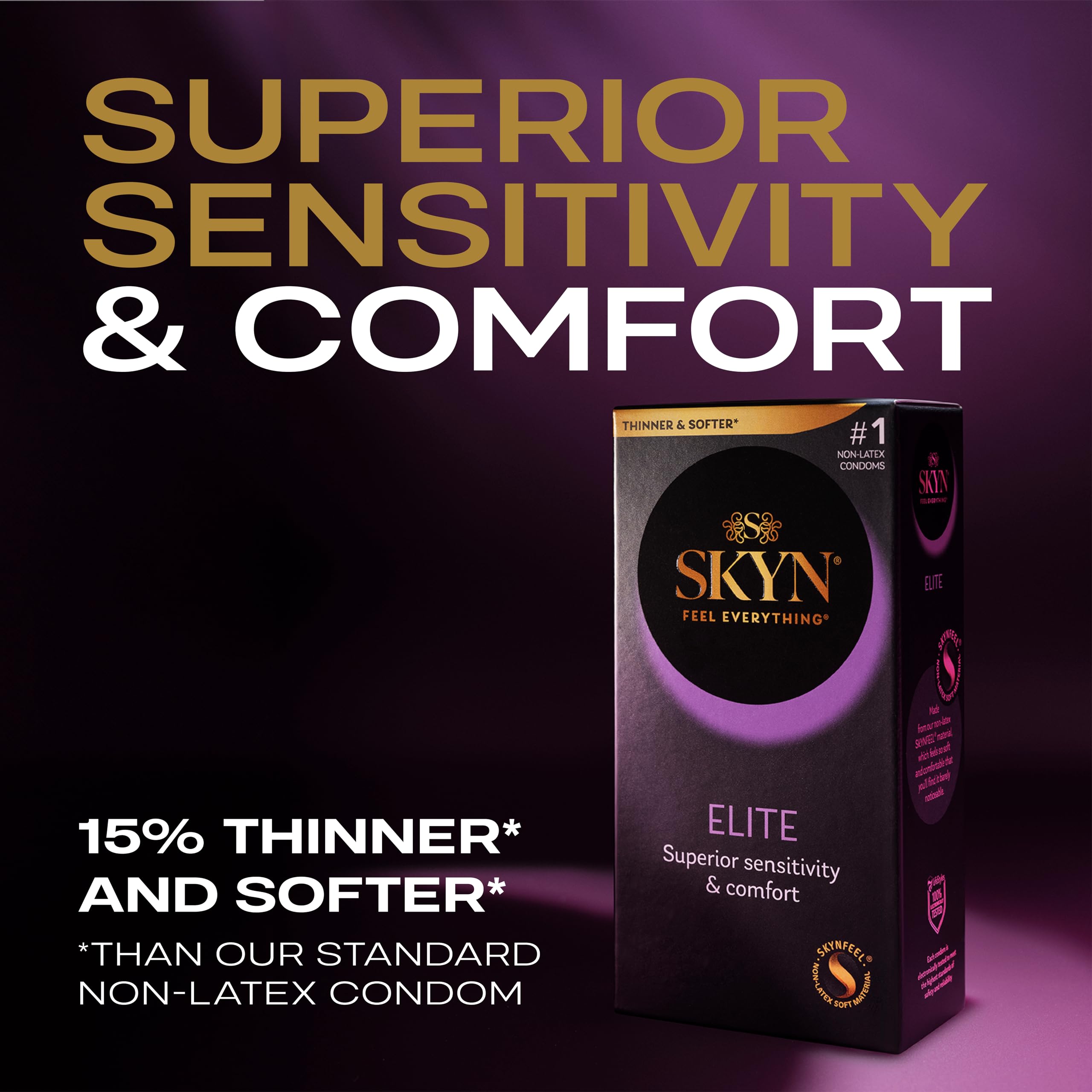 Purple SKYN box packaging on dark background showing SKYN Elite ultra-thin condoms . superior sensitivity and comfort