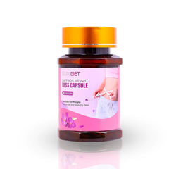 BEAUTY AMBITION saffron slimming tea for weight loss bottle with pink label and gold cap showing slim waist