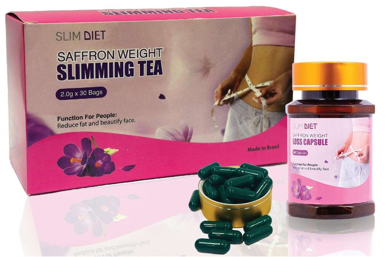 BEAUTY AMBITION saffron slimming tea for weight loss box and bottle with green capsules and measuring tape