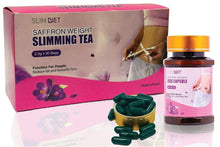 Saffron slimming tea box with green capsules and orange-capped supplement jar