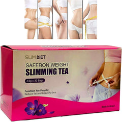 BEAUTY AMBITION saffron slimming tea for weight loss pink box 30 bags shows waist measuring tape