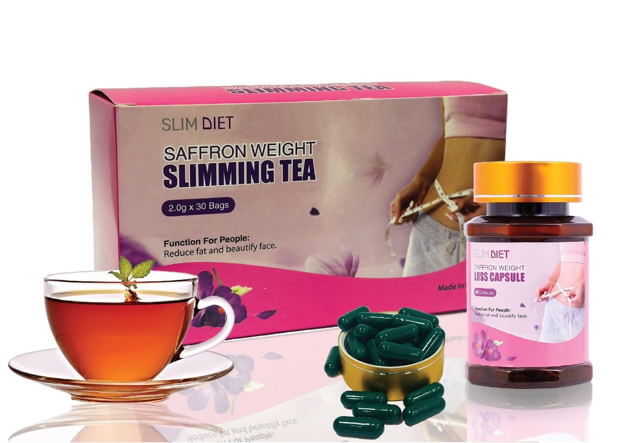 BEAUTY AMBITION saffron slimming tea for weight loss box with cup of brewed tea and green slimming capsules