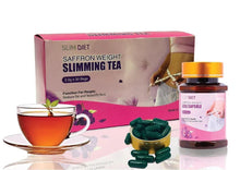 Saffron slimming tea box with cup of tea and green capsule pieces