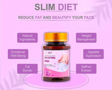 Saffron weight loss capsule jar with feature icons and label callouts