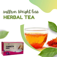 BEAUTY AMBITION saffron slimming tea for weight loss box with glass cup of saffron tea and loose saffron threads