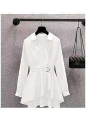 White slim fit plus size long sleeve top with belt and collar hanging on black hanger
