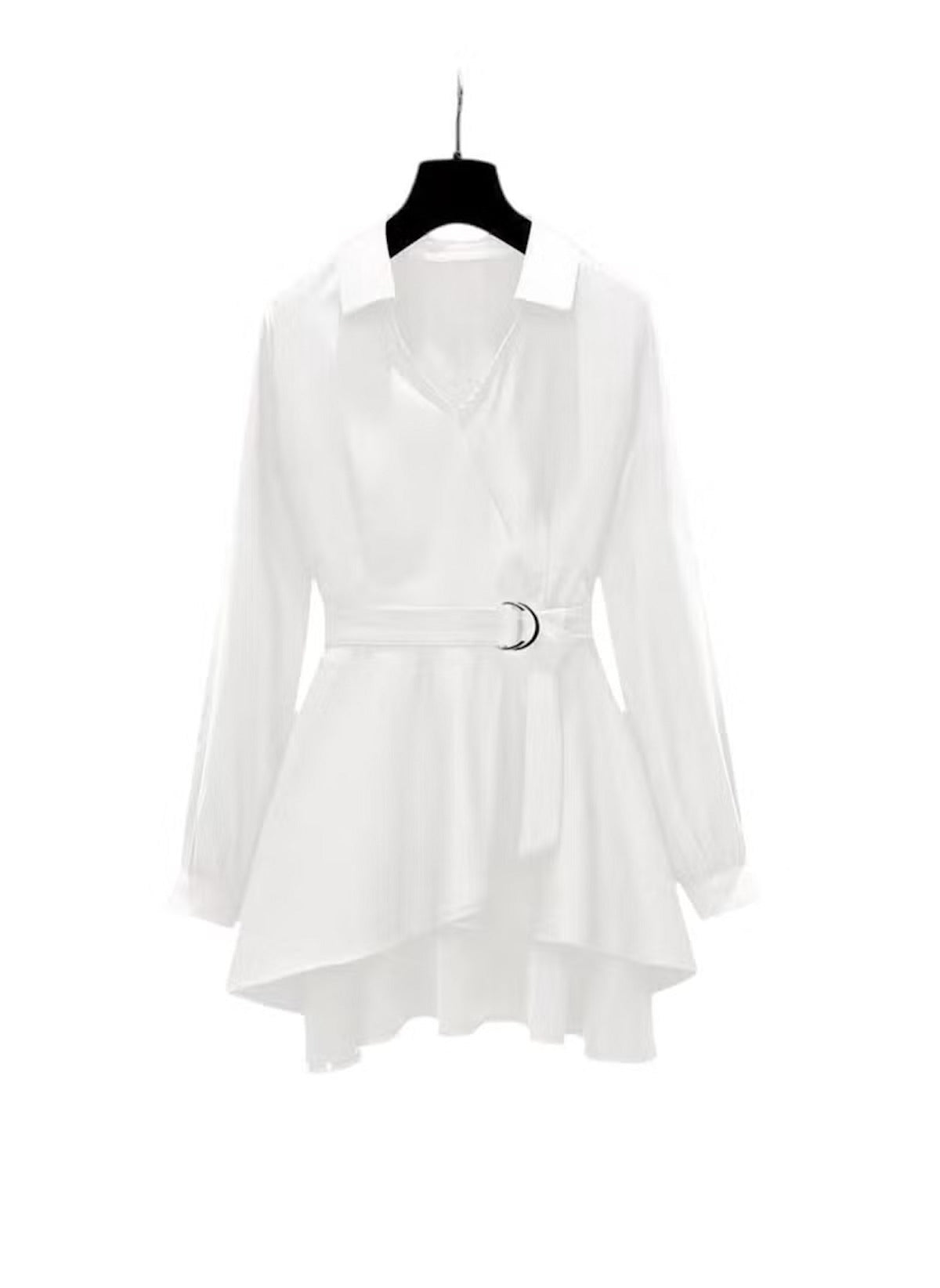 Huitich white slim fit plus size long sleeve top with belted waist and collar detail