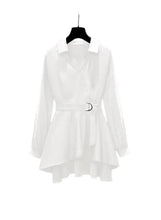 White long sleeve top with V-neck and waist belt, flared peplum hem