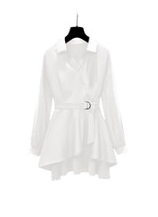 Huitich white slim fit plus size long sleeve top with belted waist and collar detail