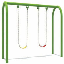 Kids swing set frame with four hanging seats on chains, green