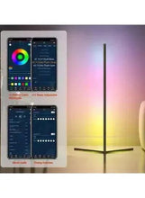 Smart standing lamp with tall black pole and tripod base, paired with control app screens