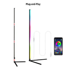 Smart standing lamp with slim black pole, tripod base, RGB LED tube, remote control