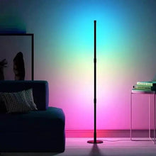 RGB smart standing lamp with tall black pole and glowing light tube on tripod base