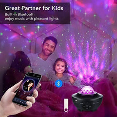 Huitich smart star projector for home with Bluetooth playing music and colorful galaxy lights in a bedroom