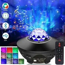 Smart galaxy star projector with LED dome, USB ports, and black remote