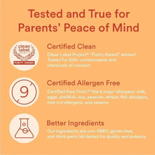 Tested and true infographic for parents, with clean and allergen-free certification icons.