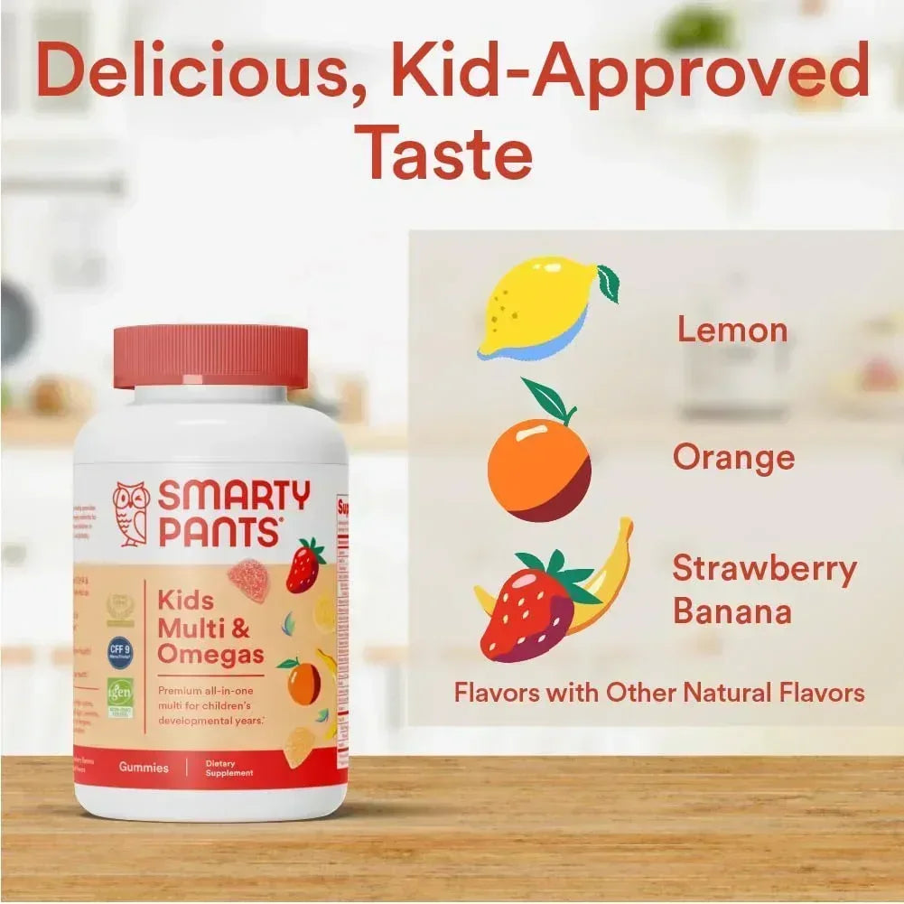 SmartyPants Kids Multivitamin Gummies: Omega 3 Fish Oil (EPA/DHA), Vitamin D3, C, Vitamin B12, B6, A, K & Zinc for Immune Support, Biotin, Gluten Free, Three Fruit Flavors, 120 Count (30 Day Supply) - Mumzar