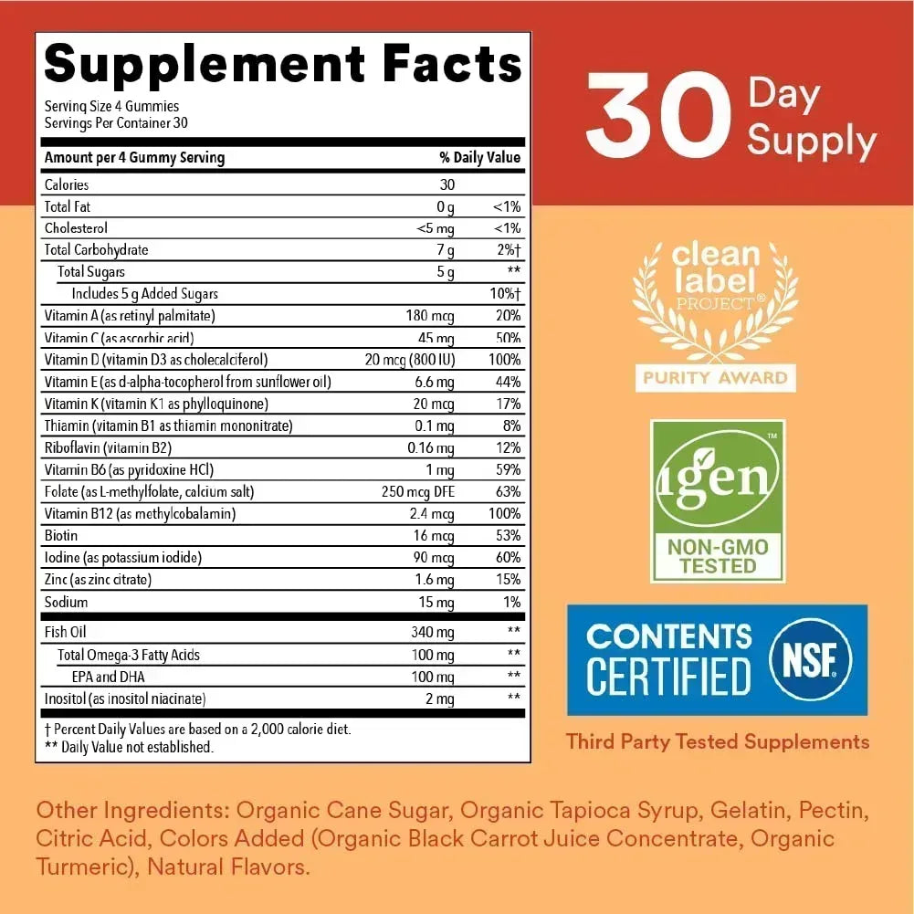 SmartyPants Kids Multivitamin Gummies: Omega 3 Fish Oil (EPA/DHA), Vitamin D3, C, Vitamin B12, B6, A, K & Zinc for Immune Support, Biotin, Gluten Free, Three Fruit Flavors, 120 Count (30 Day Supply) - Mumzar