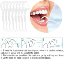 Dental floss pick shown in mouth with floss between teeth, step instruction diagram