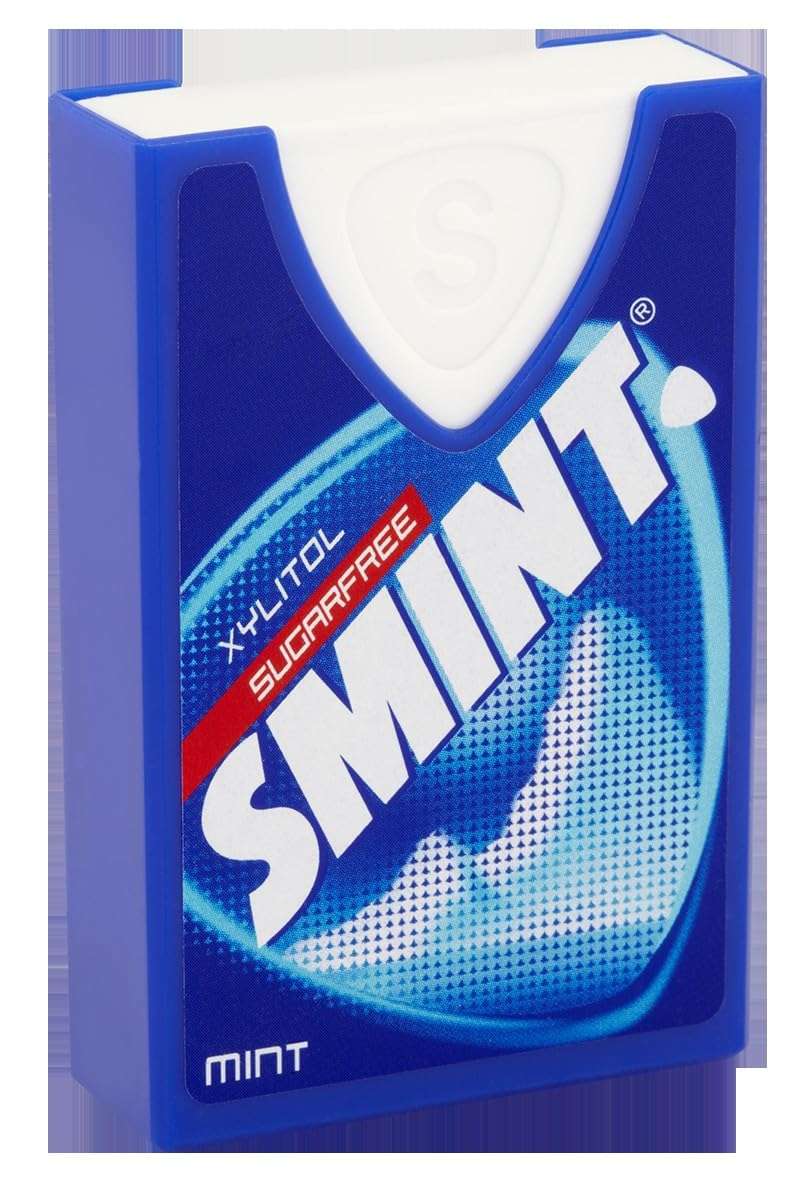 Smint sugarfree mints blue pocket pack with single white triangular mint visible portable breath freshener