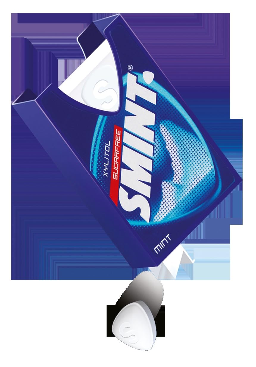 Smint sugarfree mints pocket pack in blue with open dispenser and triangular white mints visible
