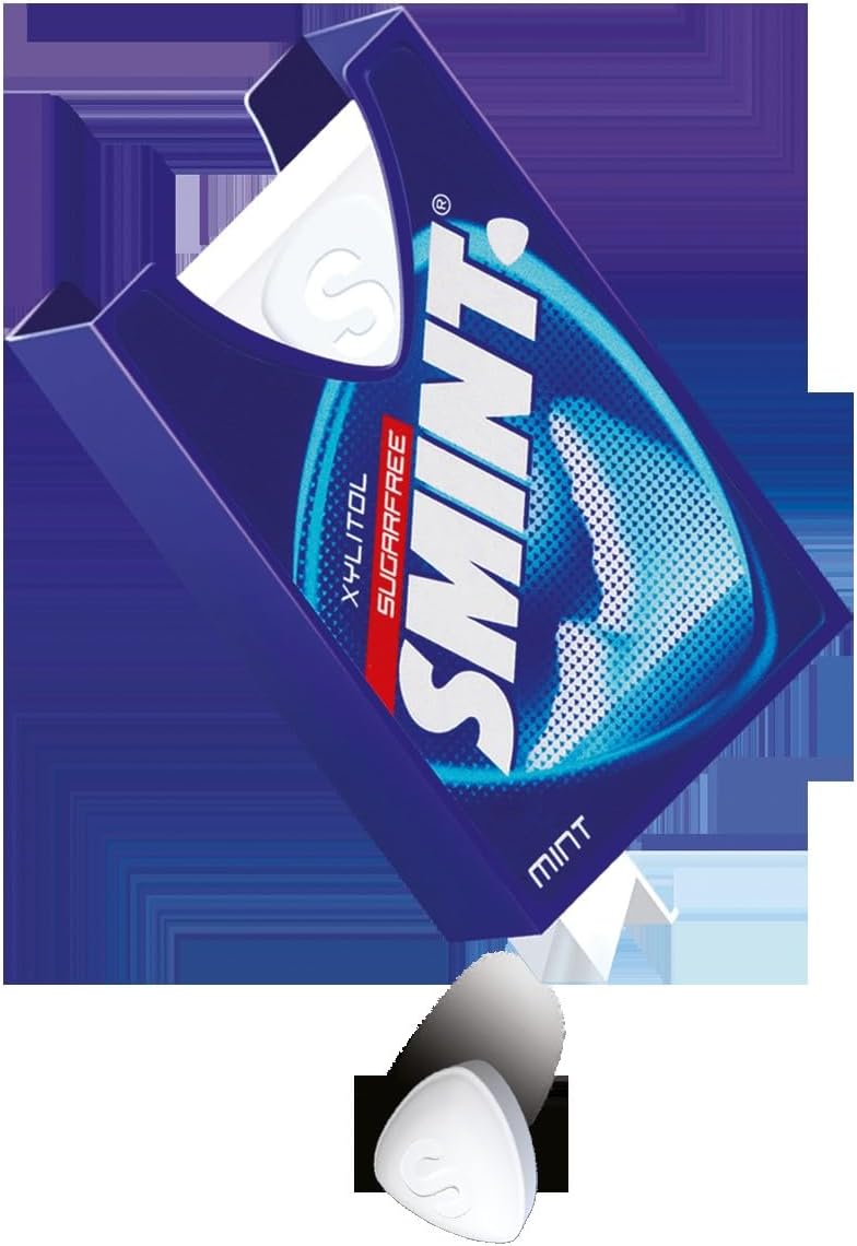 Smint sugarfree mints small blue pocket pack with white triangular mint tablets being dispensed