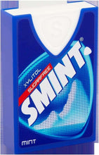 Sugarfree mint candy box, blue with white badge and mint graphic on front
