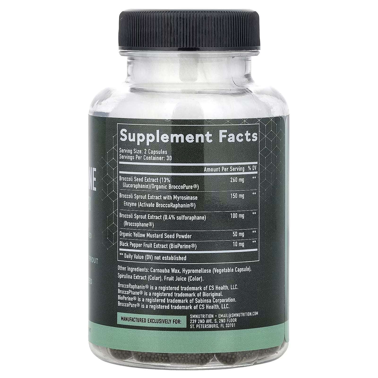 SMNutrition sulforaphane supplement UAE bottle showing Supplement Facts and ingredients label