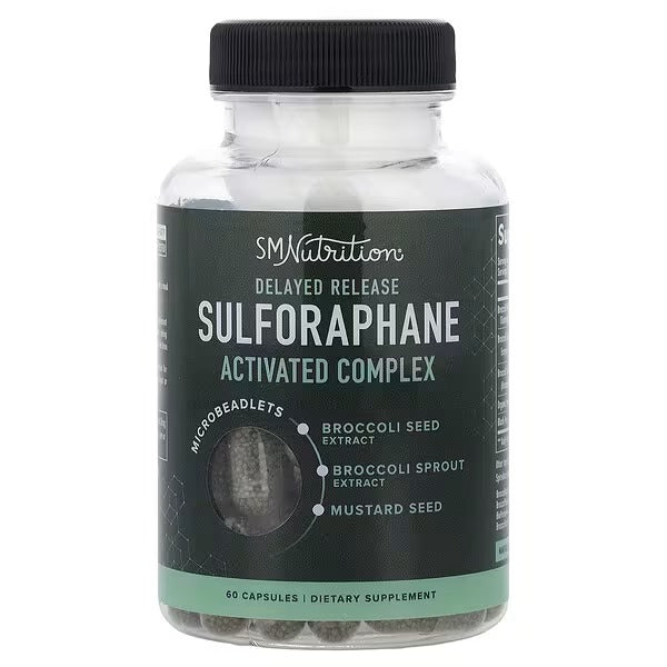 SMNutrition Sulforaphane Supplement UAE bottle with 60 delayed release capsules featuring broccoli seed and mustard seed extracts