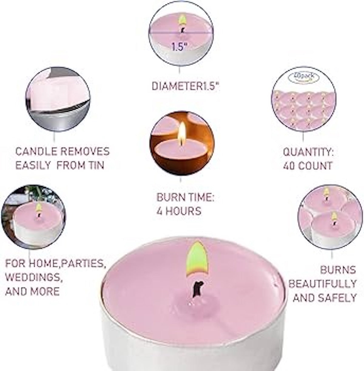 Huitich smokeless tea light candles pink flameless candles with 1.5 inch diameter and 4 hour burn time set of 40