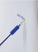 Blue gel ink pen with metallic tip, clip, and clear barrel window