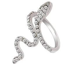 Silver-tone snake design ring with sparkling round stones across the band
